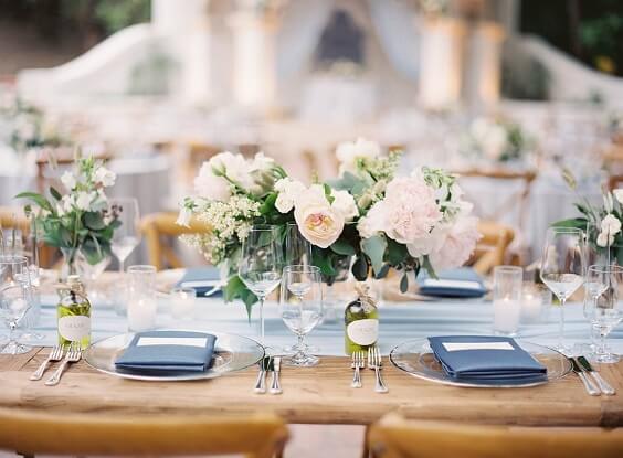 Wedding table decorations for Blush and dusty blue wedding
